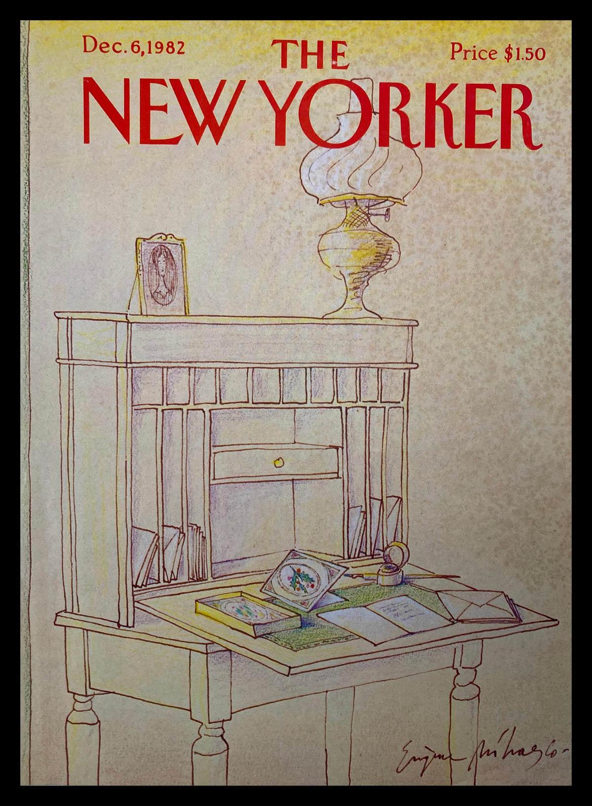 Cover of The New Yorker dated December 6, 1982, featuring the artwork 'Old Desk' by Eugene Mihaesco, showcasing a vintage desk scene with a lamp, books, and decorative items.