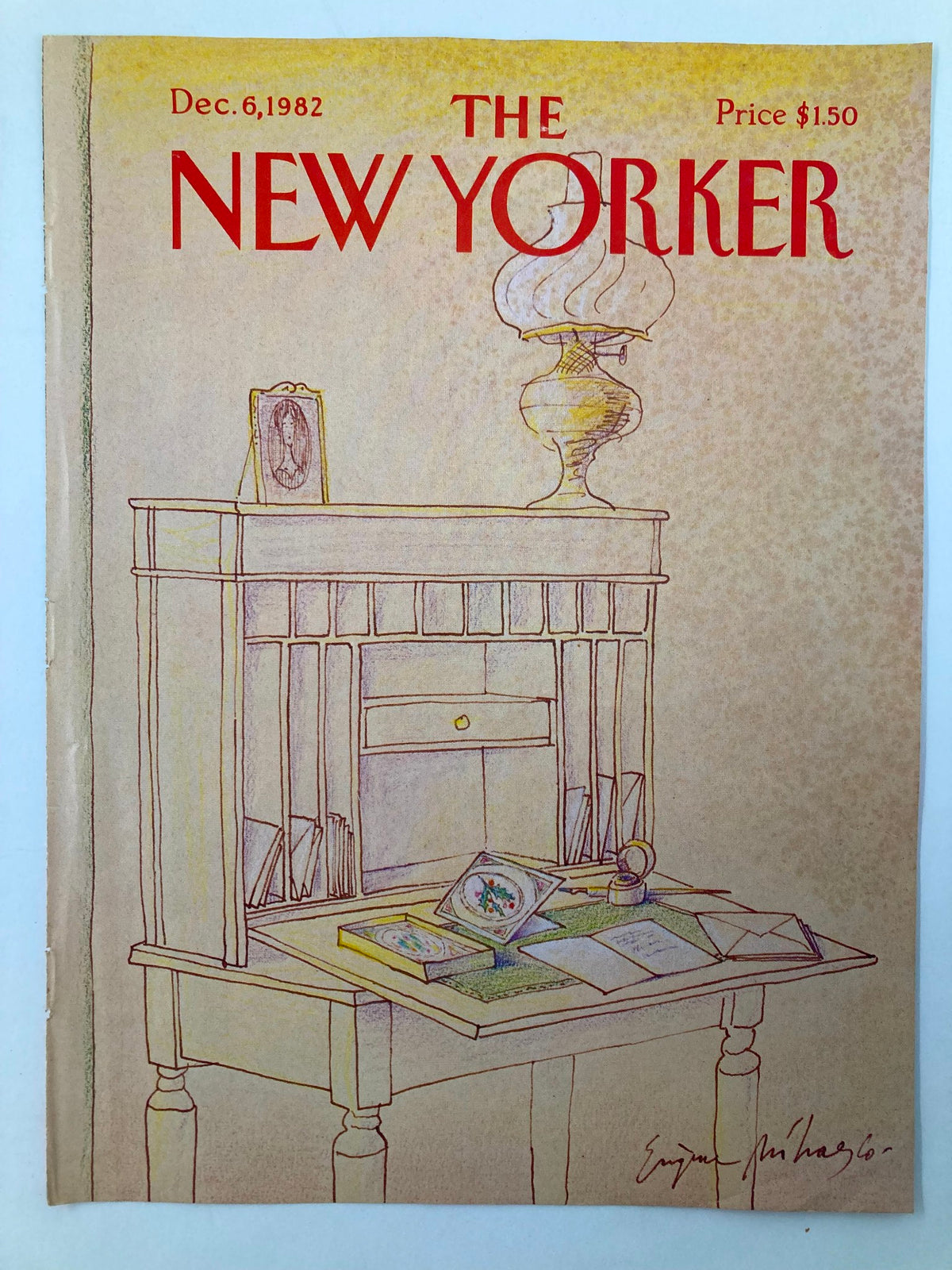 The New Yorker magazine cover from December 6, 1982, displaying the artwork 'Old Desk' by Eugene Mihaesco, illustrating a nostalgic workspace with books and a lamp.