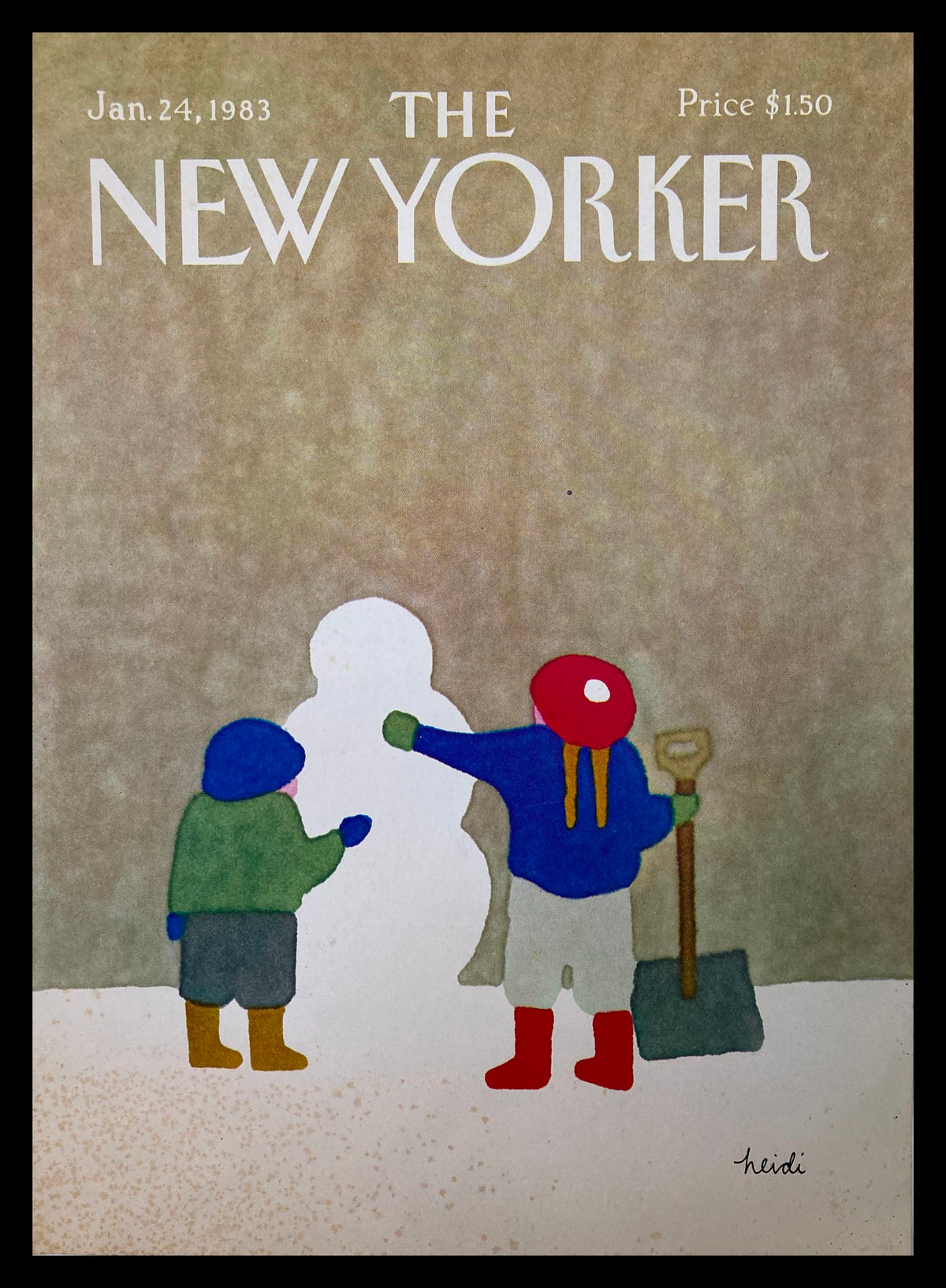 COVER ONLY The New Yorker January 24 1983 Snowman by Heidi Goennel, showcasing an illustration of two children building a snowman with winter attire.