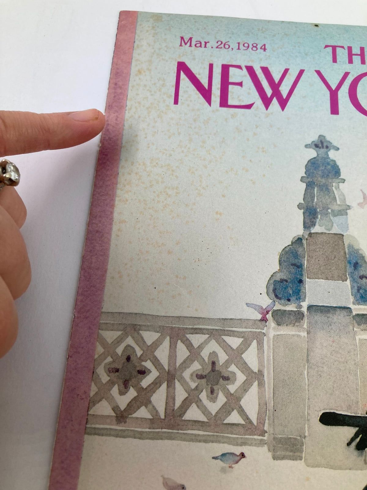 Close-up view of The New Yorker March 26, 1984 cover featuring the illustration 'Musician' by Susan Davis, highlighting the side where finger is pointing and showing signs of vintage wear.