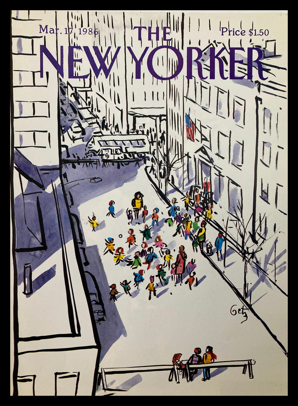 Cover Only The New Yorker March 17 1986 Community by Arthur Getz featuring a vibrant illustration of people gathering in a street, showcasing NYC culture.