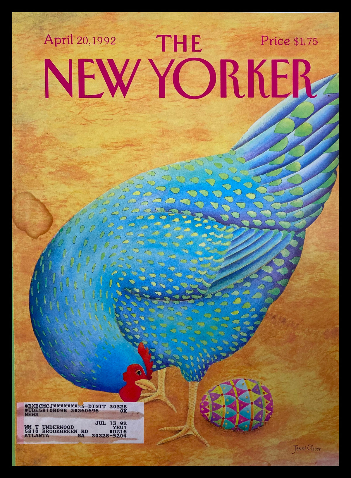 The New Yorker cover from April 20, 1992, featuring vibrant artwork titled 'Laying Egg' by Jenni Oliver, depicting a colorful blue hen and a patterned egg against a warm background.