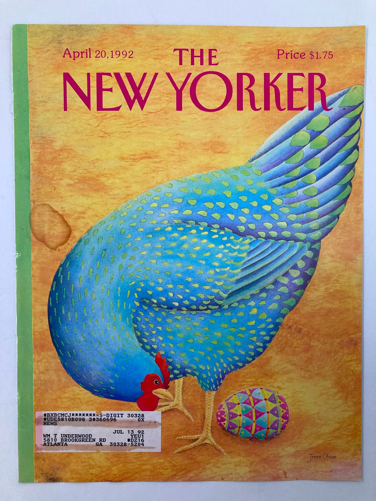 Cover of The New Yorker dated April 20, 1992, featuring artwork titled 'Laying Egg' by Jenni Oliver, showcasing a colorful blue hen and an Easter egg on a warm orange background.
