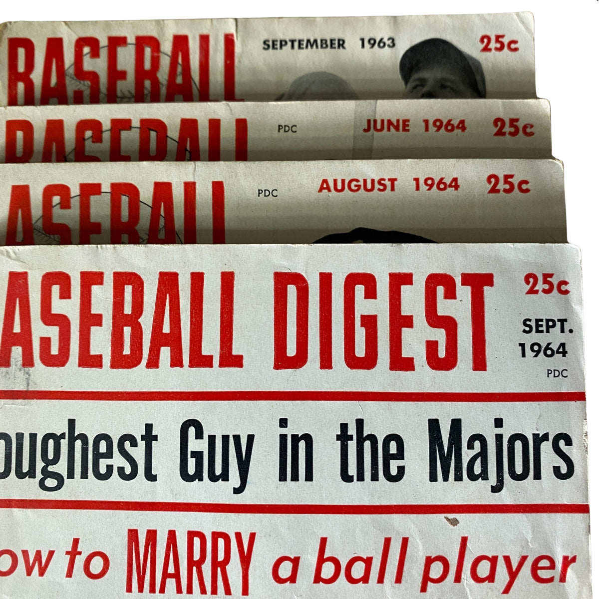 Covers of several issues from Extremely Rare Complete Lot of 30 Baseball Digest Magazines (1963–1969) highlighting iconic baseball topics of the era.