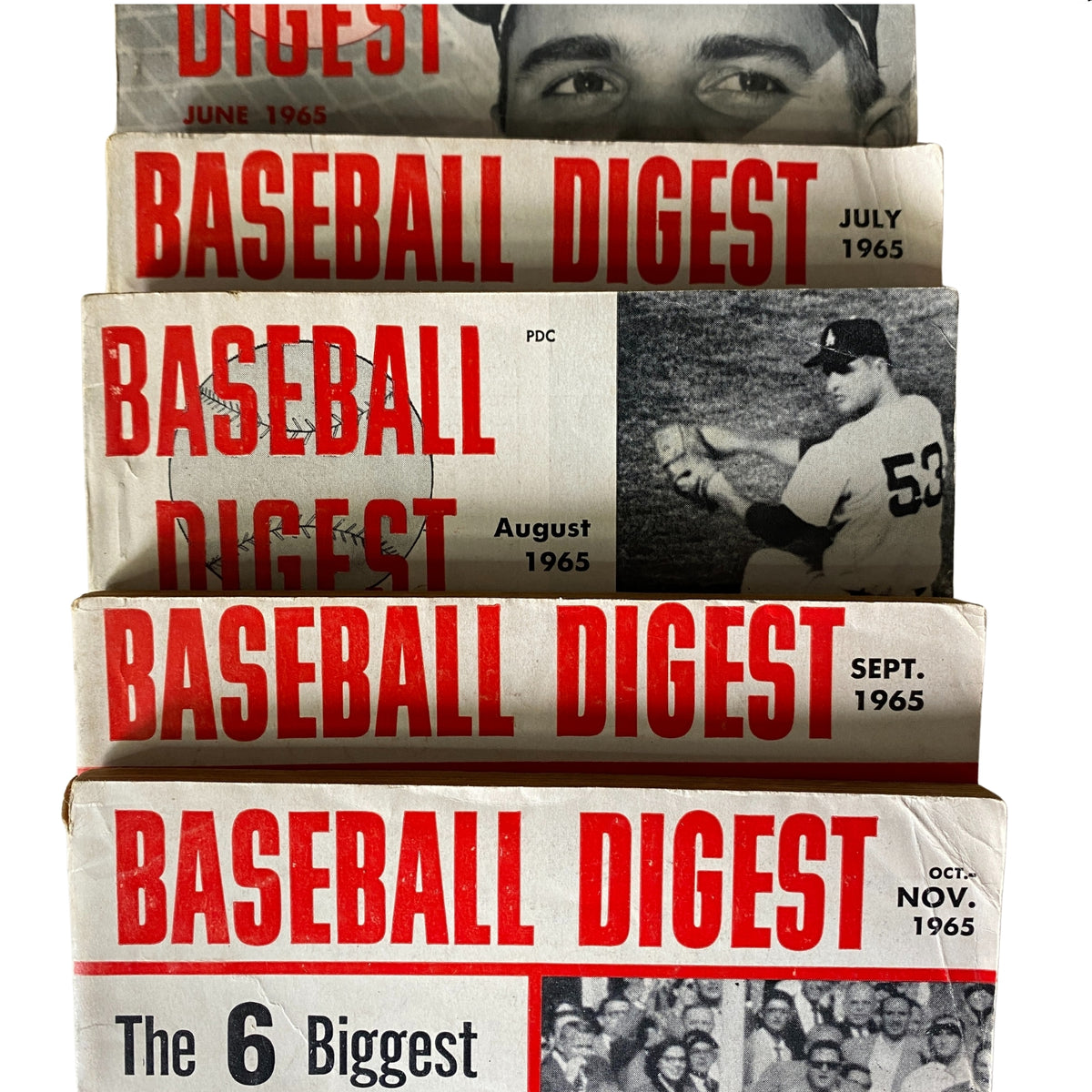Vintage Baseball Digest magazine covers from 1965, part of the Extremely Rare Complete Lot of 30 Baseball Digest Magazines (1963–1969) featuring key baseball highlights.