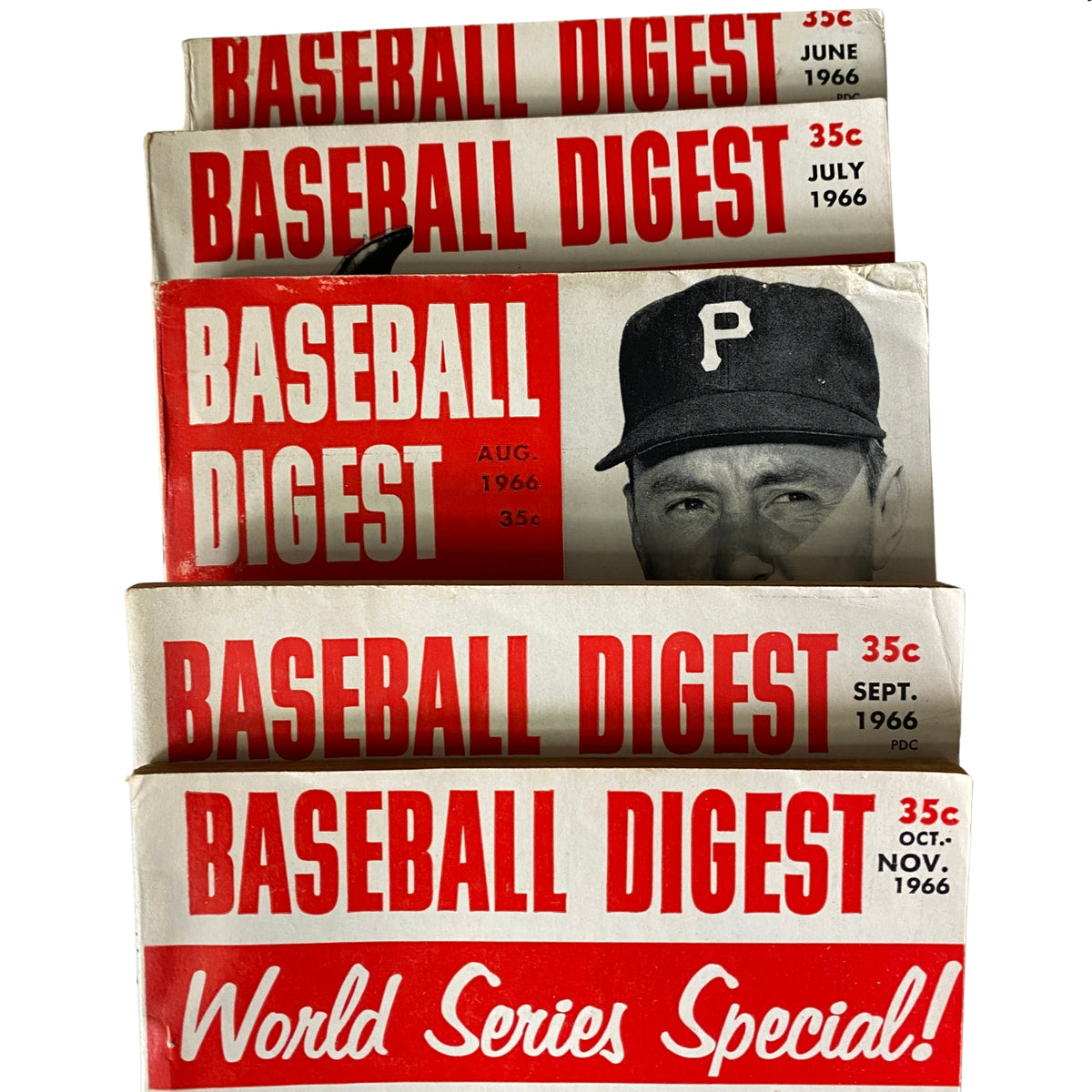 Extremely Rare Complete Lot of 30 Baseball Digest Magazines (1963–1969) displaying five vertically stacked magazine covers from June to October 1966, highlighting key baseball moments.
