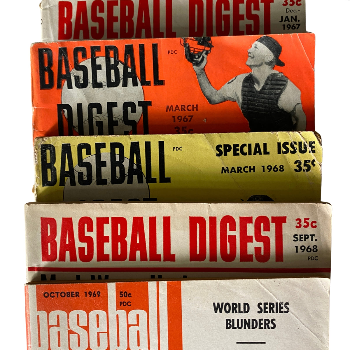 Extremely Rare Complete Lot of 30 Baseball Digest Magazines (1963–1969) presenting five issues stacked together from January to October 1967 and 1968, showcasing vintage baseball content.