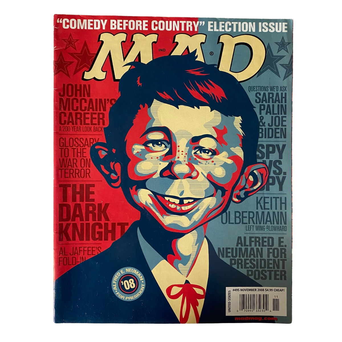 Cover of Mad Magazine, November 2008 issue No. 495 titled 'The Dark Knight', featuring a parody illustration of Alfred E. Neuman and political commentary, labeled as 'Comedy Before Country'.