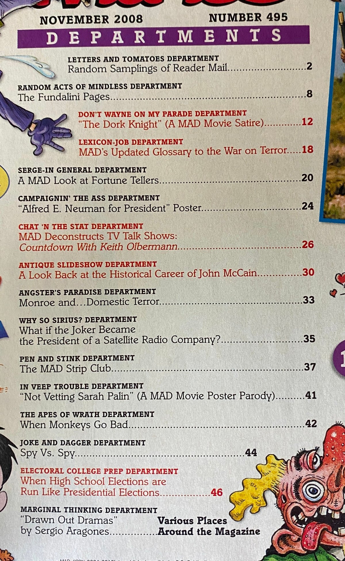 November 2008 Mad Magazine No. 495 featuring departments like 'The Dork Knight,' political satire, and humor, perfect for collectors.
