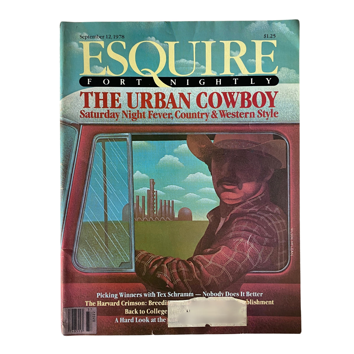 Cover of Esquire Magazine, September 12, 1978, featuring 'The Urban Cowboy' theme, showcasing cowboy culture and western style. The cover art depicts a cowboy in a truck, symbolizing the fusion of classic cowboy aesthetics with 1970s America.