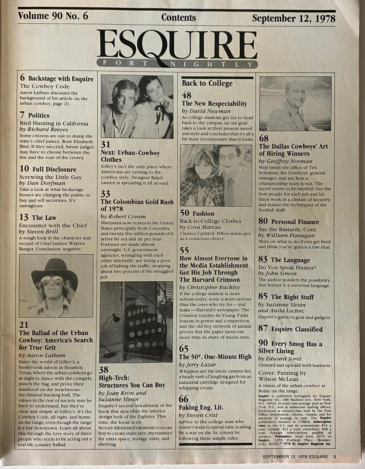 Contents page of Esquire Magazine September 12, 1978, featuring articles on the Urban Cowboy culture, political commentary, and cultural insights from the 1970s.