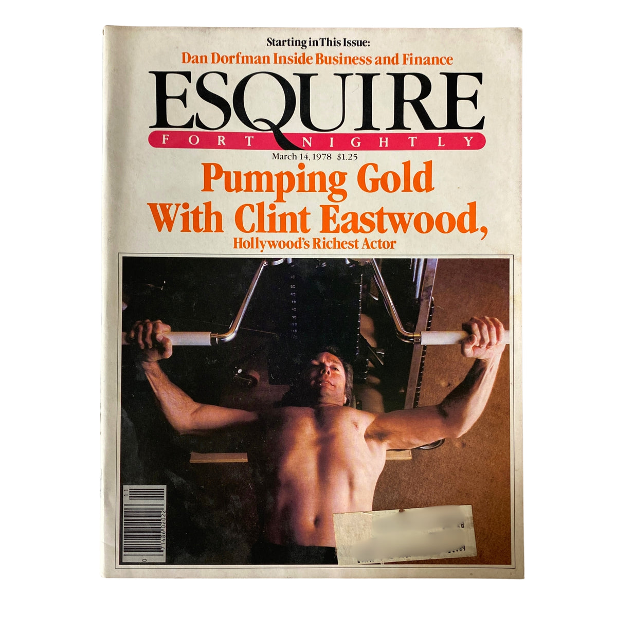 Esquire Magazine cover from March 14, 1978, featuring Clint Eastwood with the title 'Pumping Gold With Clint Eastwood, Hollywood's Richest Actor' showcasing his dedication to fitness and success.