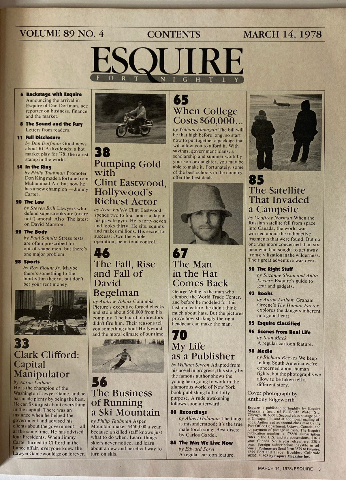 Contents page of Esquire Magazine, March 14, 1978, featuring an article titled 'Pumping Gold with Clint Eastwood, Hollywood's Richest Actor,' illustrating the issue's focus on Eastwood's lifestyle and business acumen.