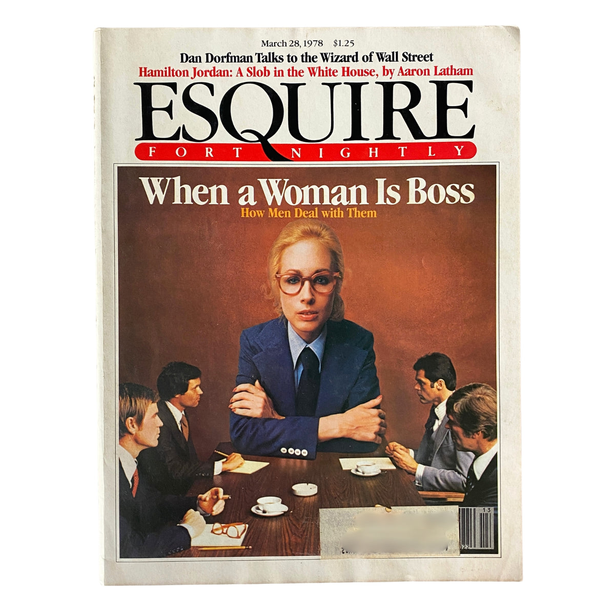Esquire Magazine cover from March 28, 1978, featuring the title 'When a Woman Is Boss', showcasing a woman in a business setting surrounded by male colleagues.