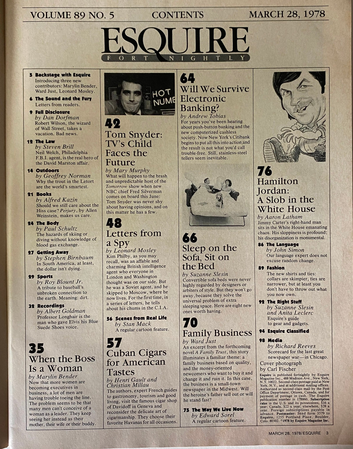 Contents page of Esquire Magazine, March 28, 1978, highlighting various articles including 'When the Boss Is a Woman' by Marylin Bender and other topics relevant to the era.