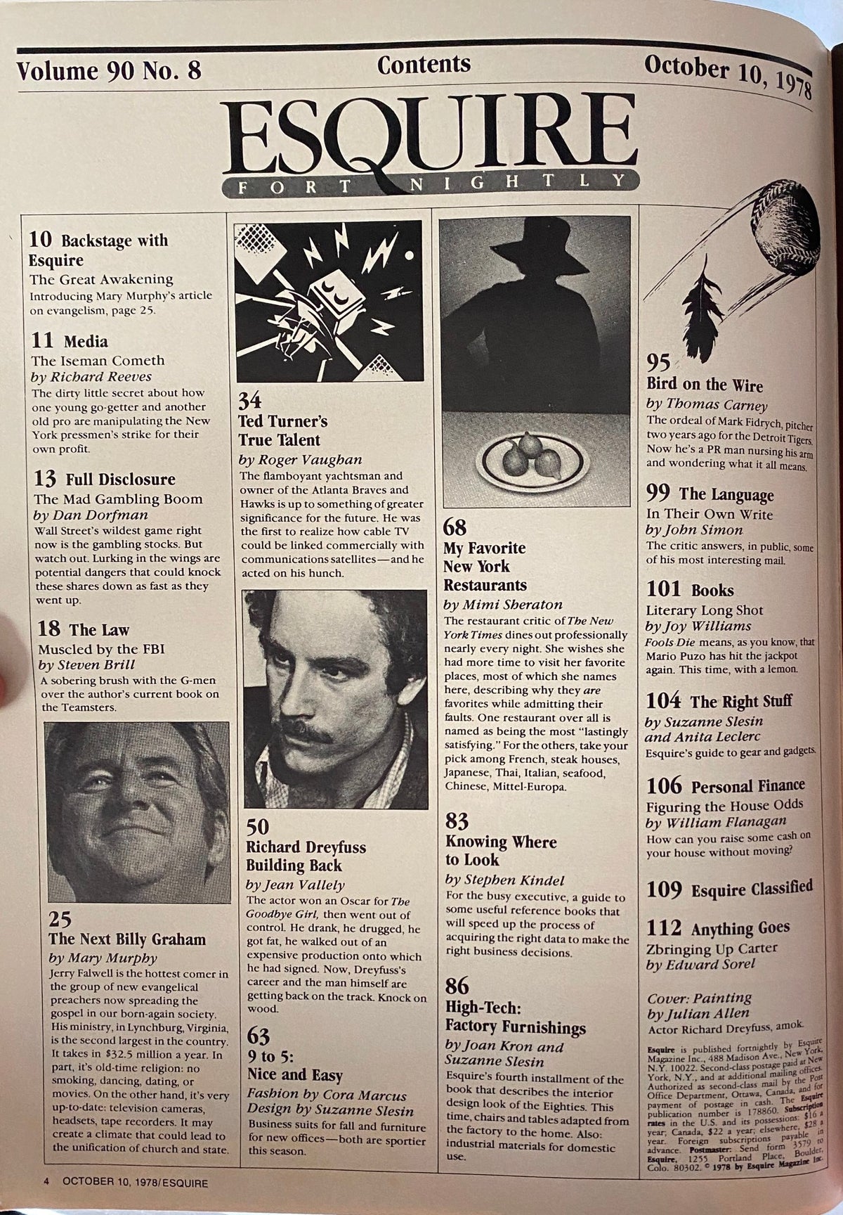 Table of contents from Esquire Magazine, October 10, 1978, highlighting features including the profile on Richard Dreyfuss and various articles related to the entertainment and political landscape of the time.