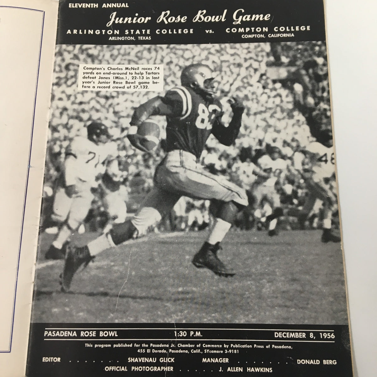 Inside page of the December 8 1956 NCAA Football Arlington vs Compton Junior Rose Bowl Game Program highlighting game details and player statistics.
