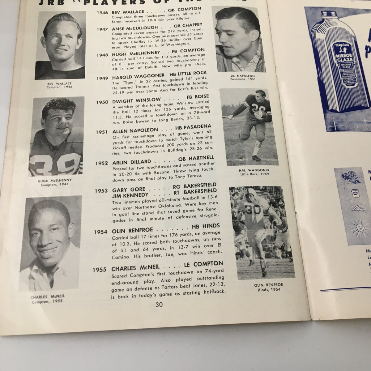 Image showing the profiles of junior college football players from Compton and surrounding areas, featured in the December 8 1956 NCAA Football Arlington vs Compton Junior Rose Bowl Game Program.