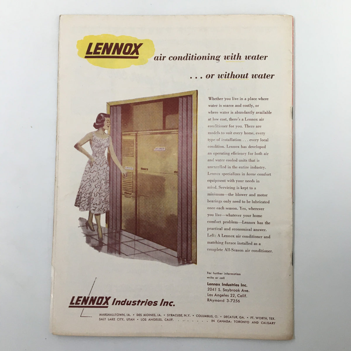 Vintage Lennox air conditioning advertisement from the 1950s featured in the December 8 1956 NCAA Football Arlington vs Compton Junior Rose Bowl Game Program.