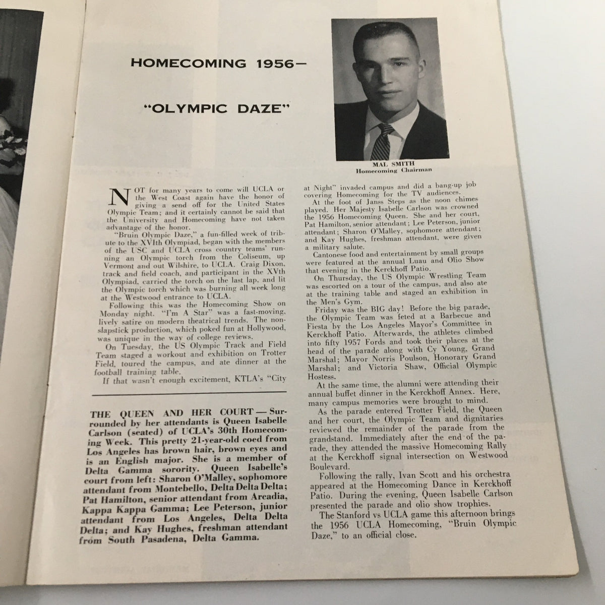 Inside page of the November 3, 1956 NCAA Football Stanford Cardinal vs. UCLA Bruins Goal Post Program featuring a biography of an official and details about the UCLA Homecoming.