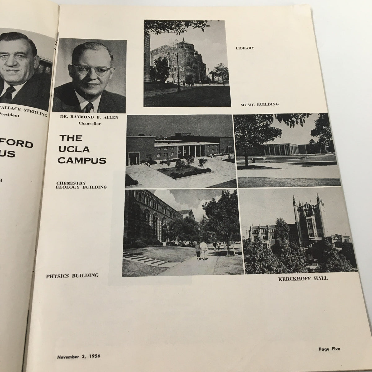 The November 3, 1956 NCAA Football Stanford Cardinal vs. UCLA Bruins Goal Post Program showcasing the UCLA campus with images of key buildings like the library and music building.