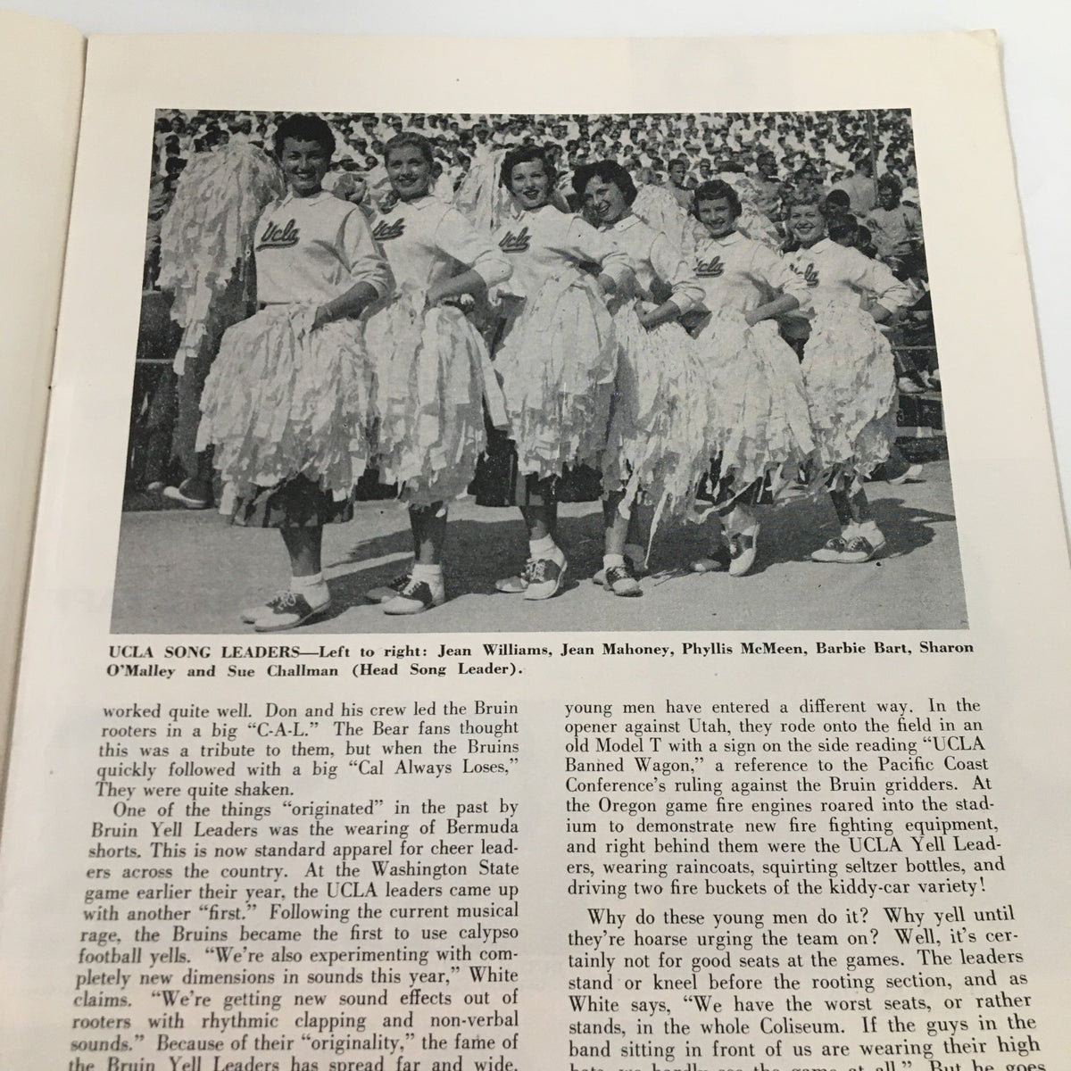 UCLA song leaders in the November 3, 1956 NCAA Football Stanford Cardinal vs. UCLA Bruins Goal Post Program displaying their outfits and presence at the game.