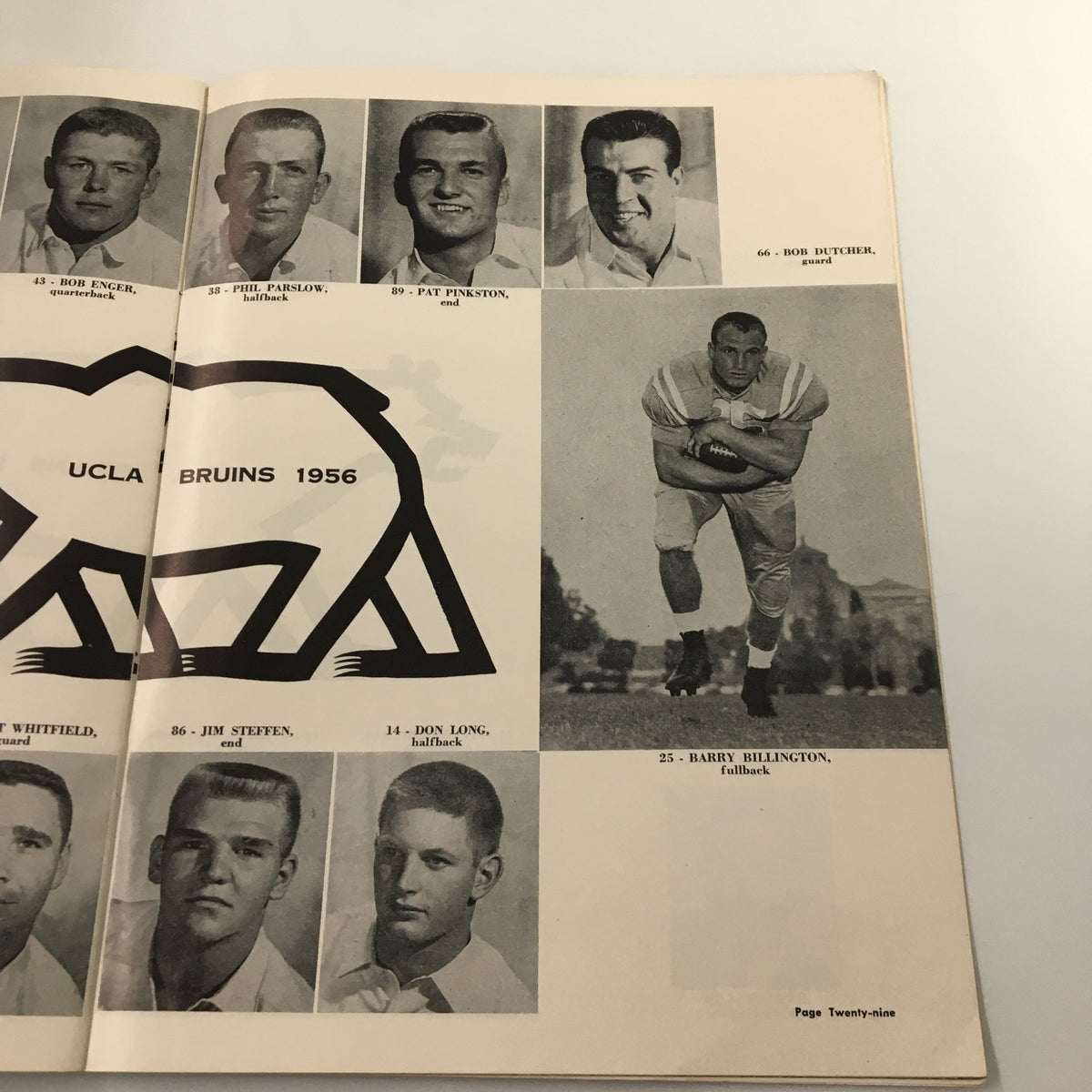 UCLA Bruins football players and positions listed in the November 3, 1956 NCAA Football Stanford Cardinal vs. UCLA Bruins Goal Post Program.