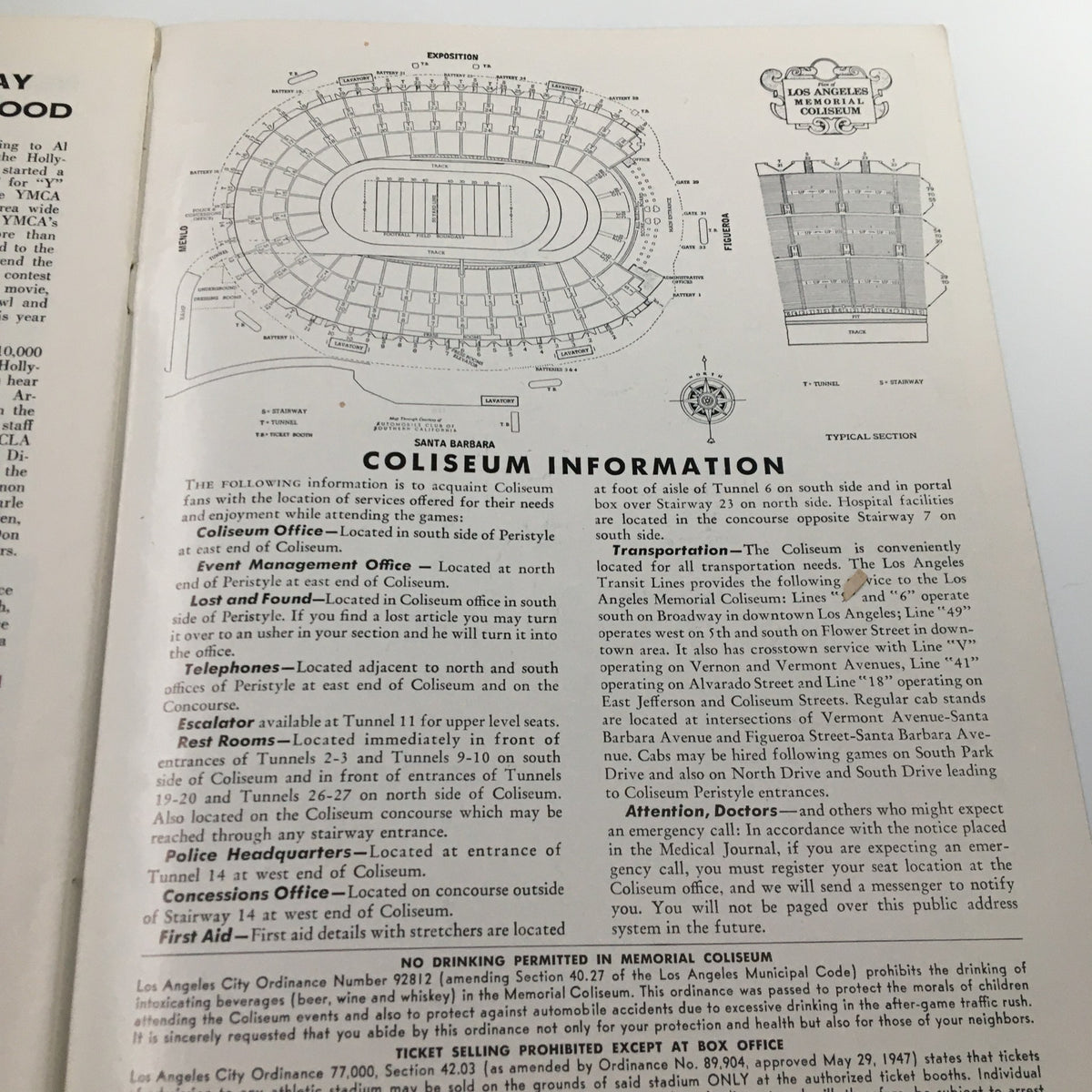 Detailed seating chart and information from the November 3, 1956 NCAA Football Stanford Cardinal vs. UCLA Bruins Goal Post Program, showcasing the layout of the Coliseum.