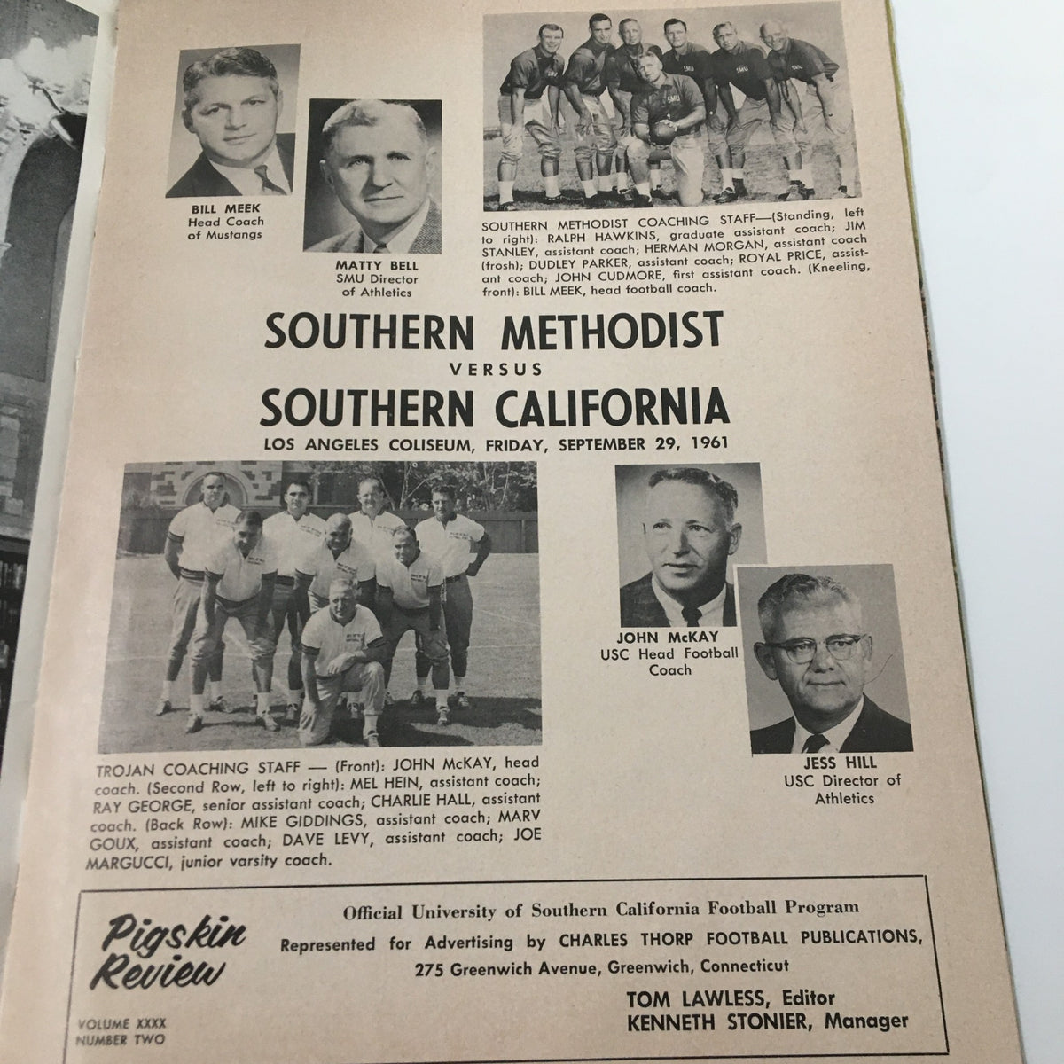 A page from the September 29 1961 NCAA Football Methodist vs California Pigskin Review displaying the coaching staff and players of Southern Methodist and Southern California.