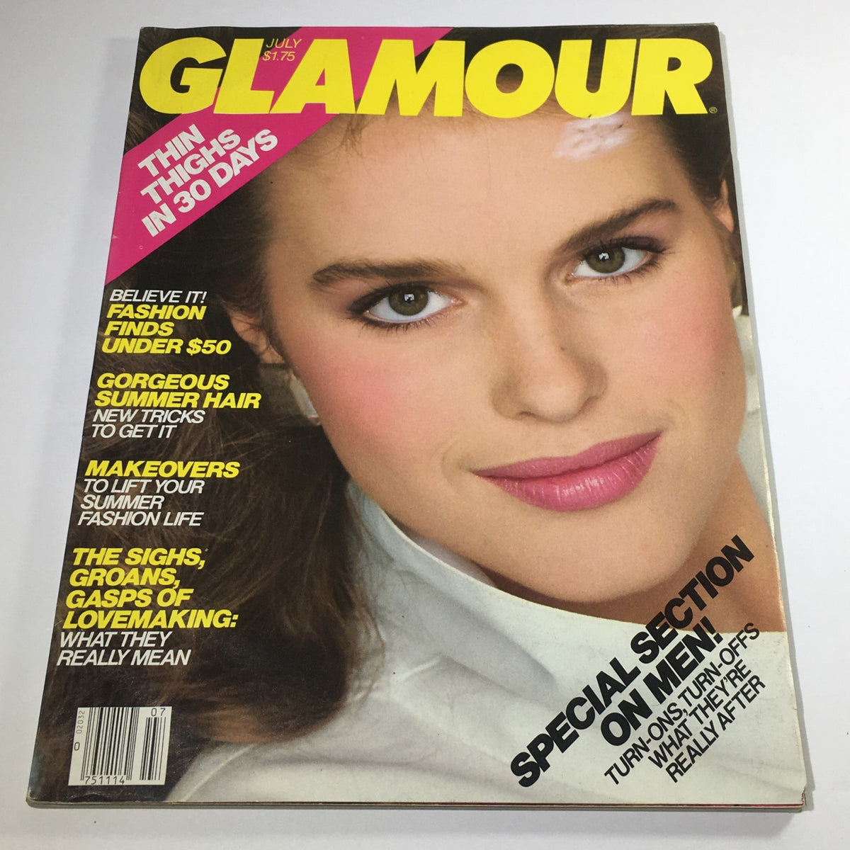 Vintage Glamour Magazine cover from July 1982 featuring Jacki Adams, showcasing early 80s beauty and fashion trends, with articles on summer hair and relationship insights.