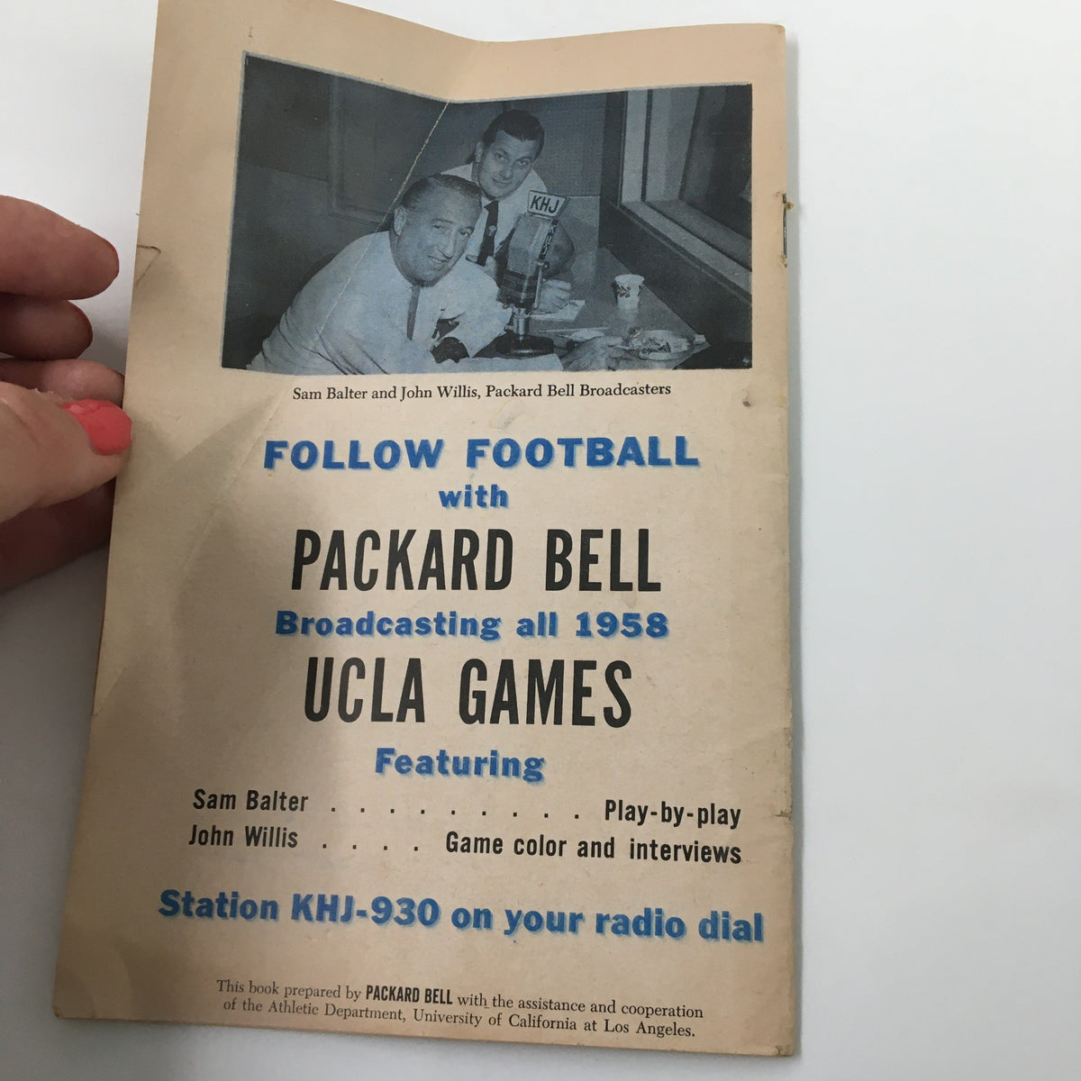 1958 NCAA Packard Bell UCLA Bruins Football Official Program featuring Sam Balter and John Willis, broadcasters for Packard Bell during the 1958 UCLA games.