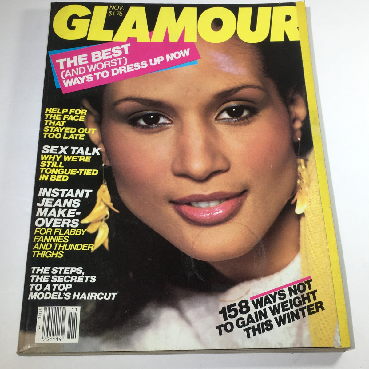 Vintage Glamour Magazine cover from November 1983 featuring Beverly Johnson, showcasing 158 ways to dress up this winter, with partial cover text visible.