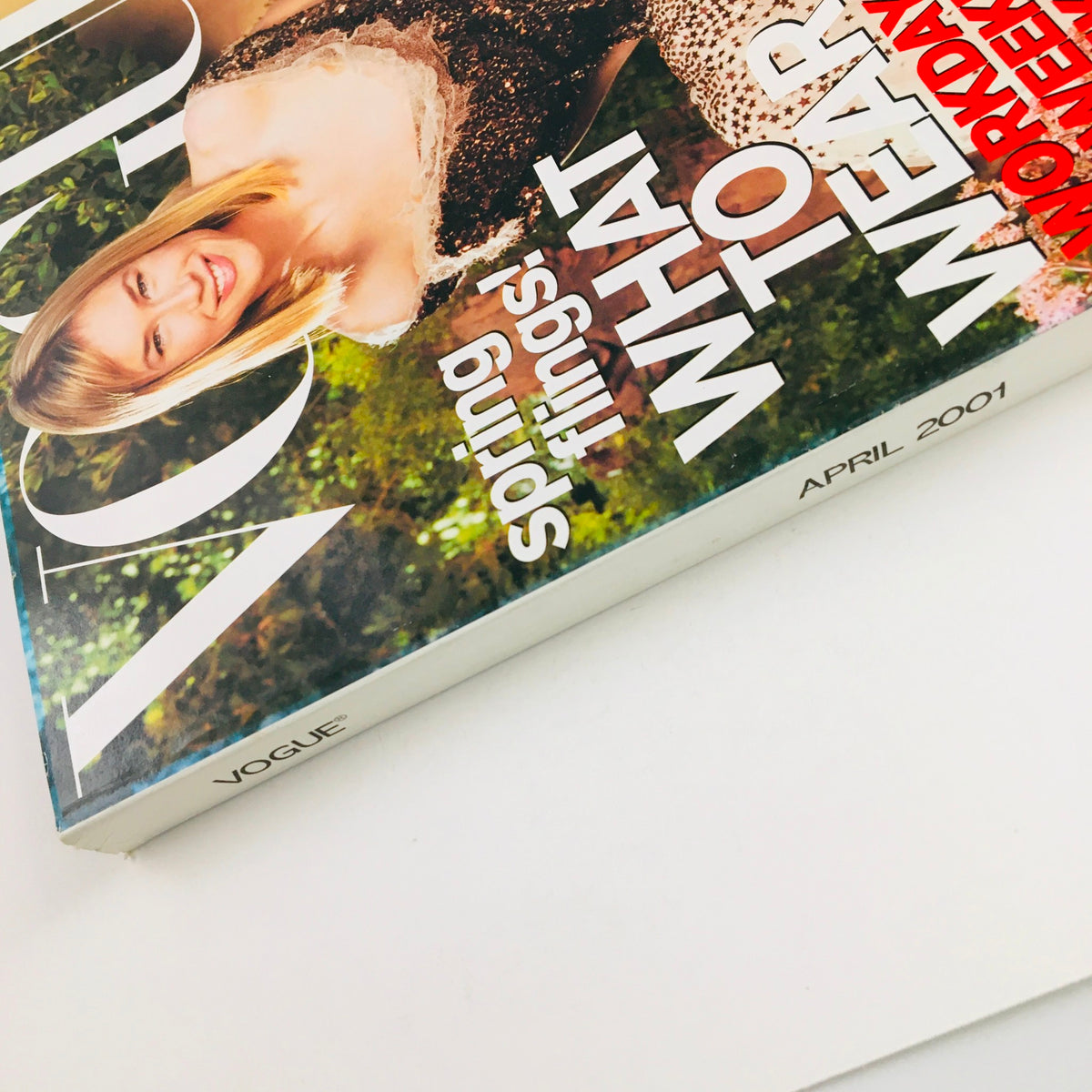 Close-up view of the spine and side of Vogue Magazine April 2001, highlighting the title and details related to fashion trends, featuring Renée Zellweger on the cover.