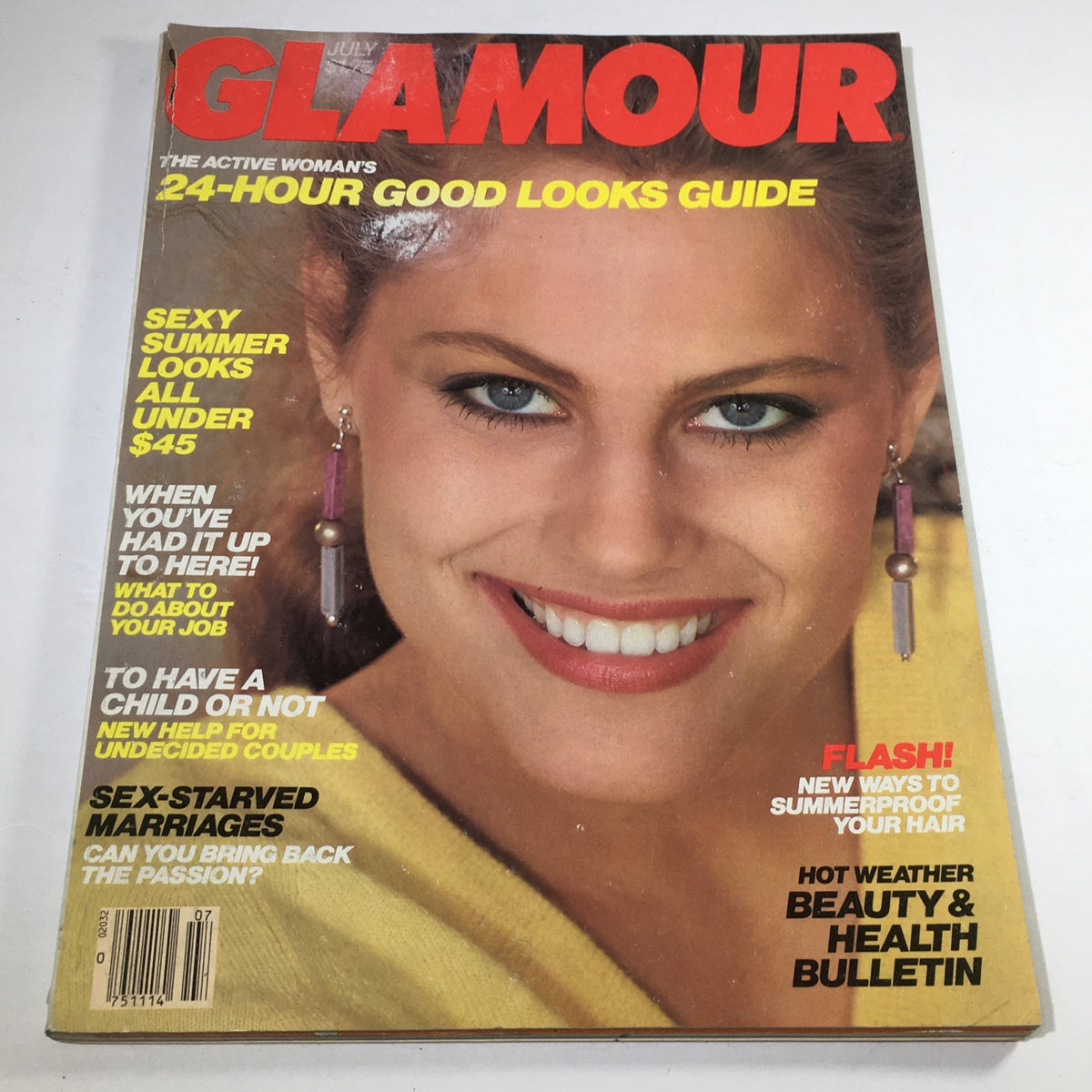 Vintage Glamour Magazine Cover from July 1981 featuring a smiling woman with blonde hair and blue eyes, promoting '24-Hour Good Looks Guide', no label, original newsstand edition.