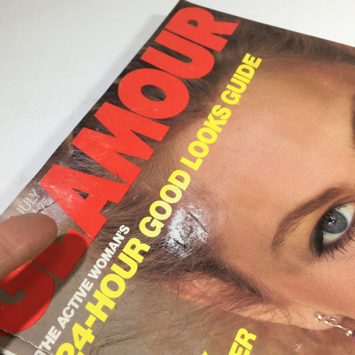 Close-up view of the Vintage Glamour Magazine from July 1981, showcasing the bold title and editorial highlights, including '24-Hour Good Looks Guide', no label, original newsstand edition.