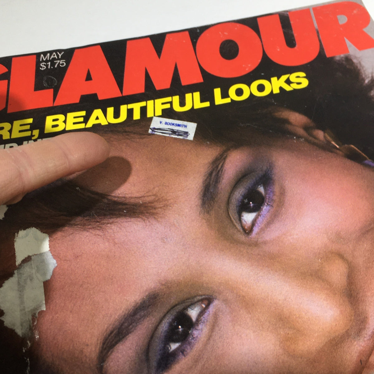 Close-up of the cover of Glamour Magazine May 1981 with a focus on Beverly Johnson, highlighting a vintage magazine's condition and unique address label.