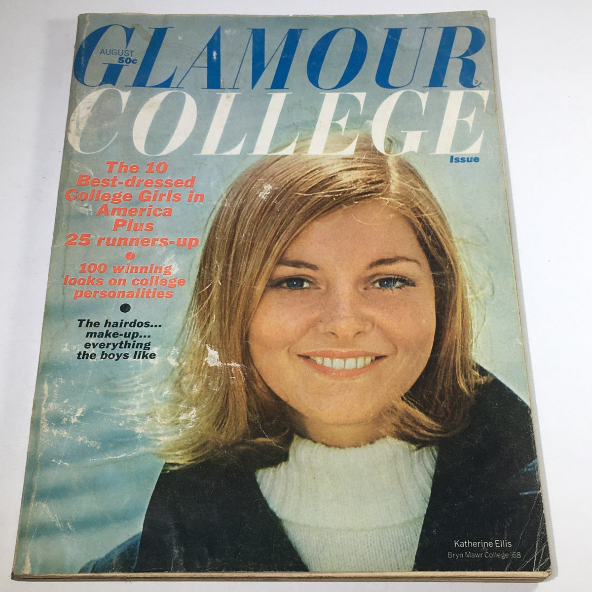 VTG Glamour College Magazine cover from August 1965 featuring Katherine Ellis from Bryn Mawr College, showcasing trends of the era with focus on college life and fashion.