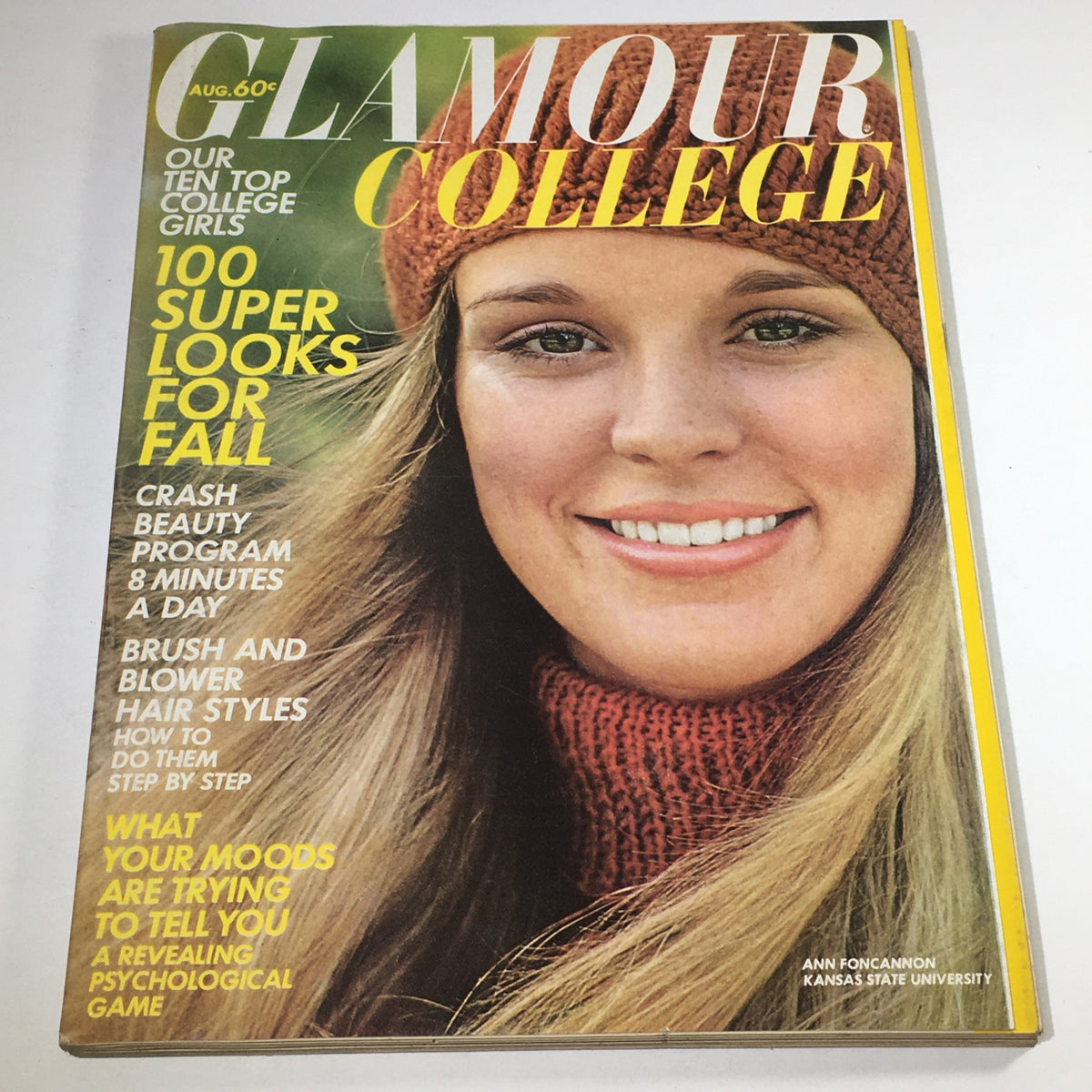 VTG Glamour College Magazine: August 1970 featuring Ann Fonncannon from Kansas State University, showcasing college fashion trends, beauty tips, and youth culture of the early 1970s.