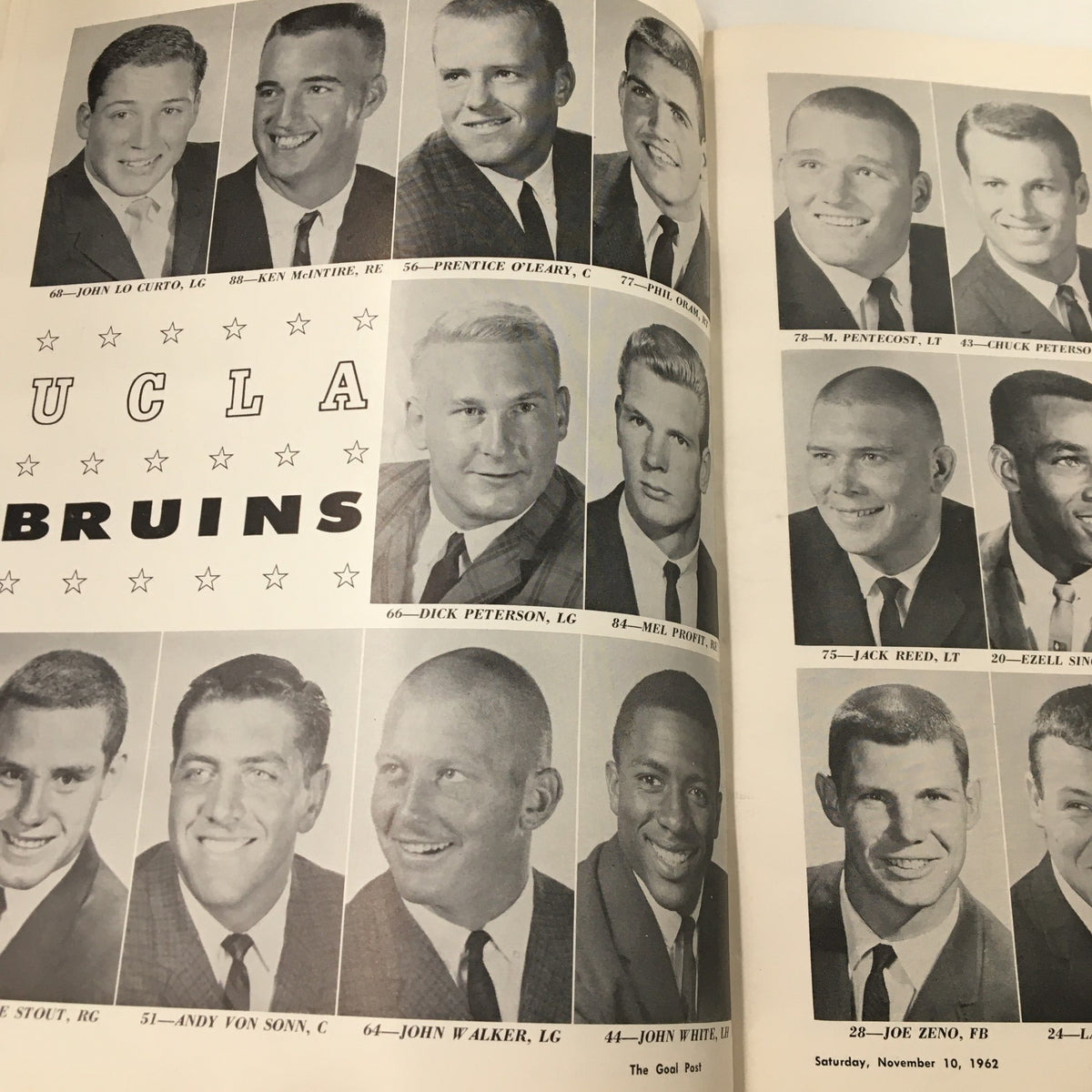November 10 1962 NCAA Football Air Force vs UCLA Official Program featuring UCLA Bruins team player portraits including John L. Carle, Ken McIntyre, and Dick Peterson.