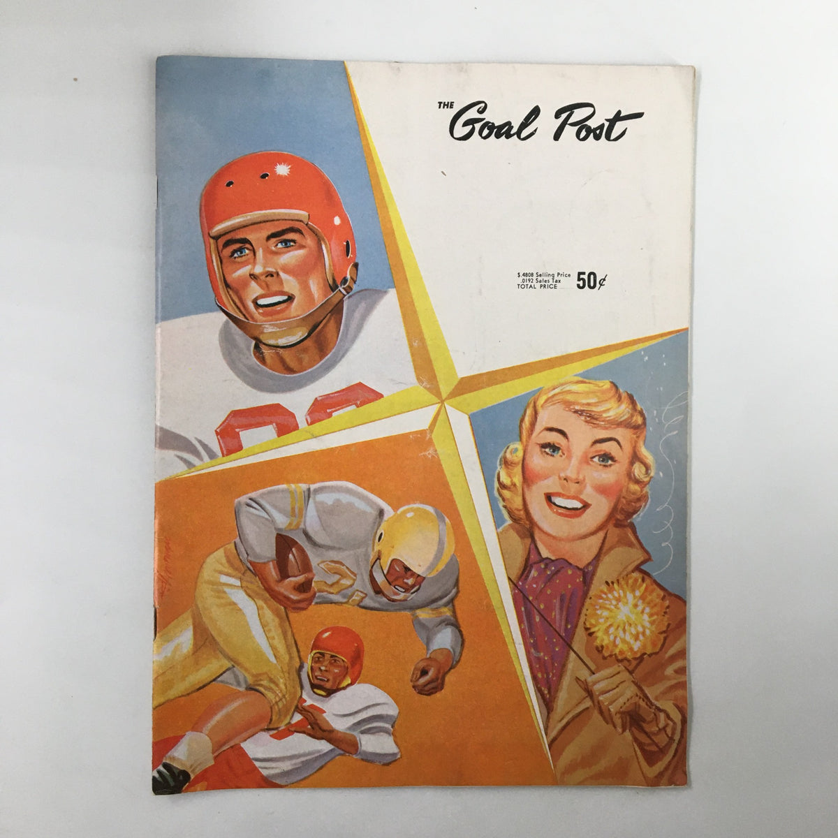 Cover of the October 25, 1958 NCAA Football Stanford vs UCLA The Goal Post official program featuring a colorful illustration of a football player and a cheerleader.