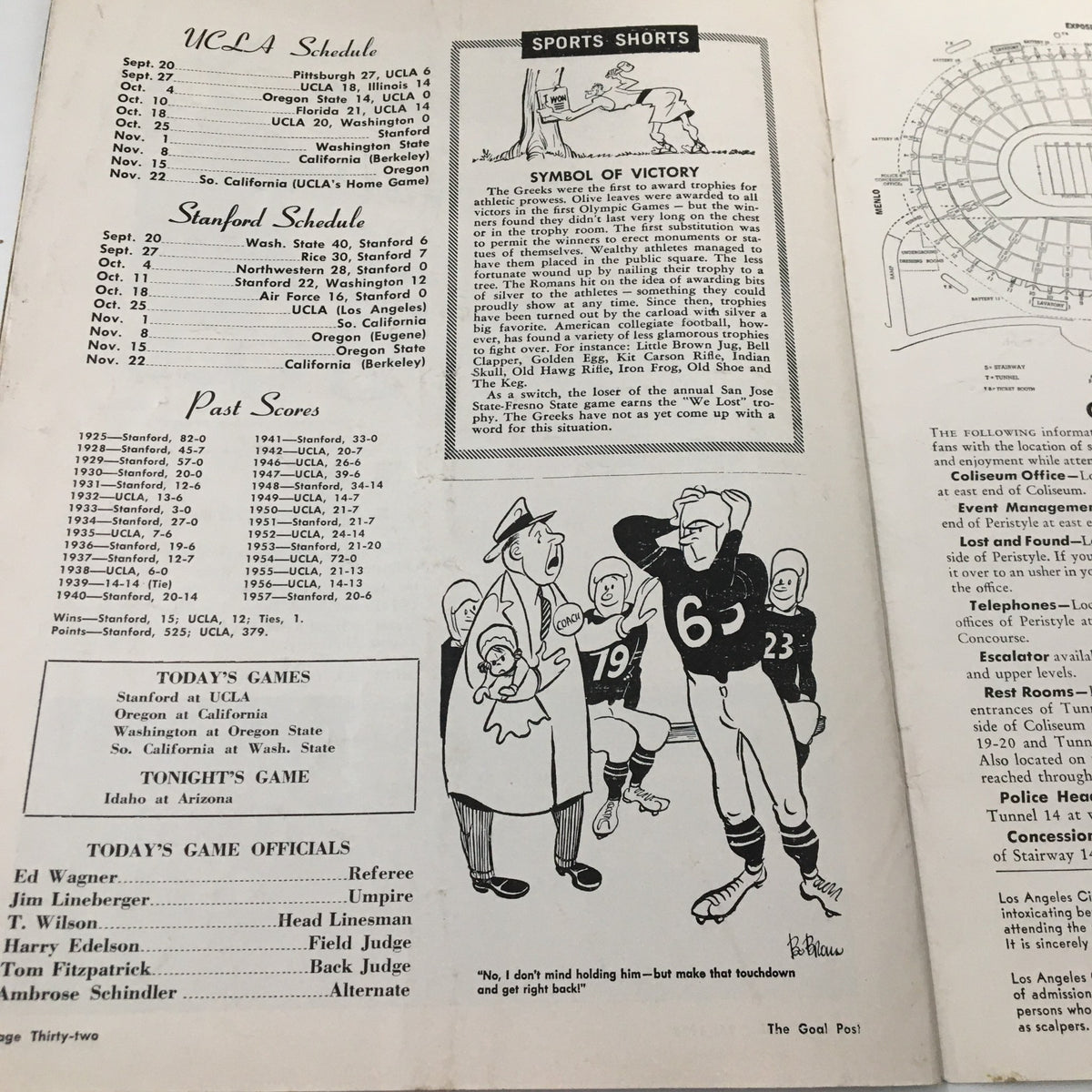 October 25, 1958 NCAA Football Stanford vs UCLA Official Program featuring game schedules, past scores, and a cartoon illustration related to college football.