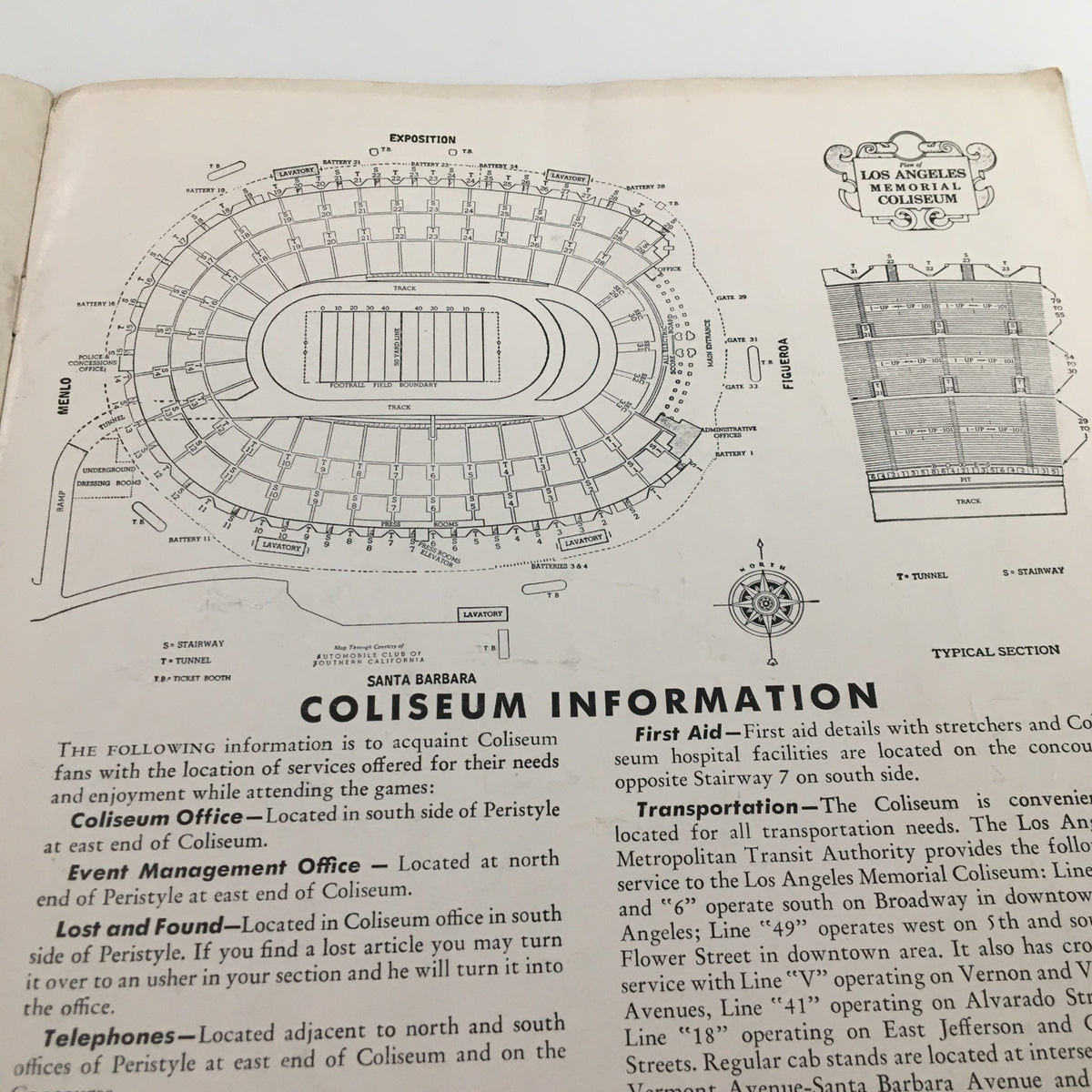 October 25, 1958 NCAA Football Stanford vs UCLA Official Program displaying stadium seating information and layout for the Los Angeles Coliseum.