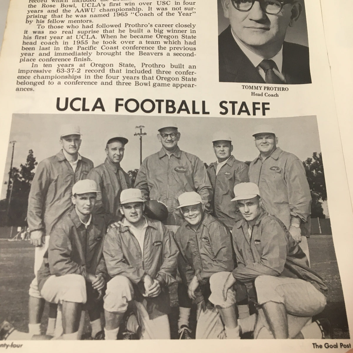 UCLA Football Staff from the September 17, 1966 NCAA Football Pittsburgh vs UCLA The Goal Post Program, featuring head coach Tommy Prothro and the coaching team.