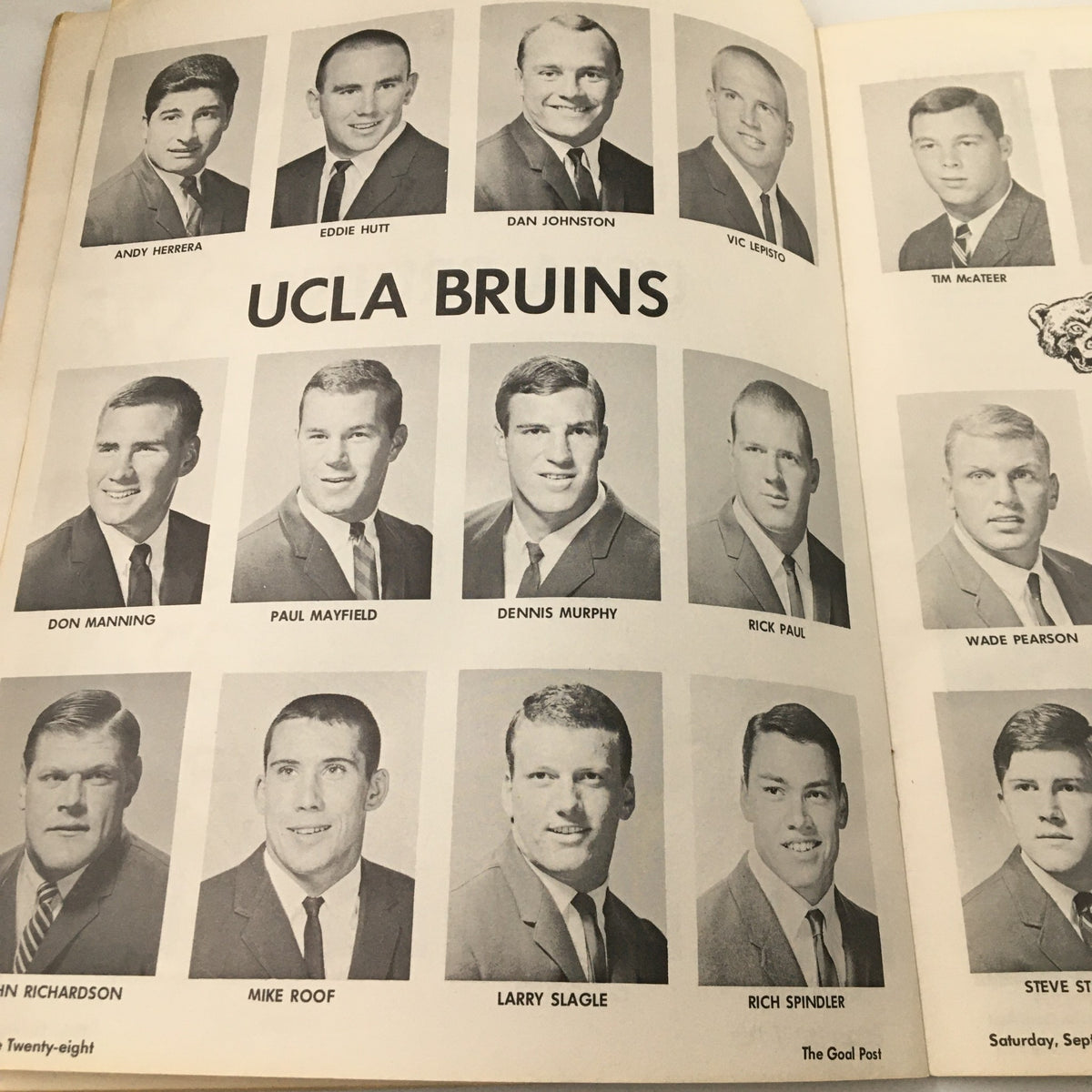 UCLA Bruins team roster featuring players like Don Manning and Paul Mayfield from the September 17, 1966 NCAA Football Pittsburgh vs UCLA The Goal Post Program.