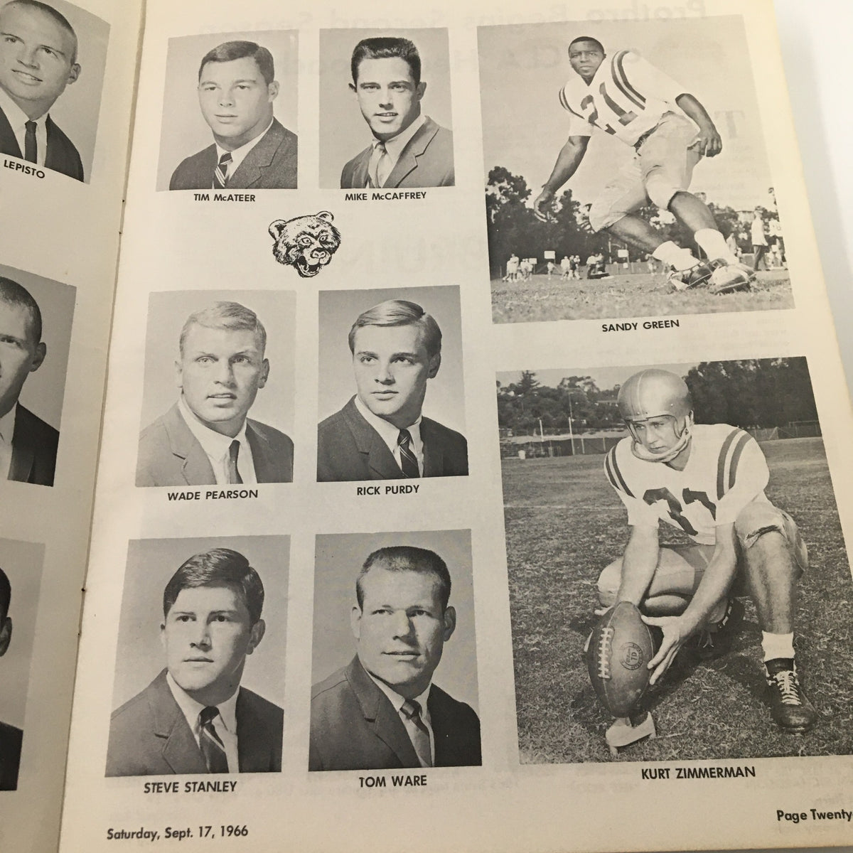 UCLA Bruins squad showcasing players such as Tim Maither and Wade Pearson from the September 17, 1966 NCAA Football Pittsburgh vs UCLA The Goal Post Program.