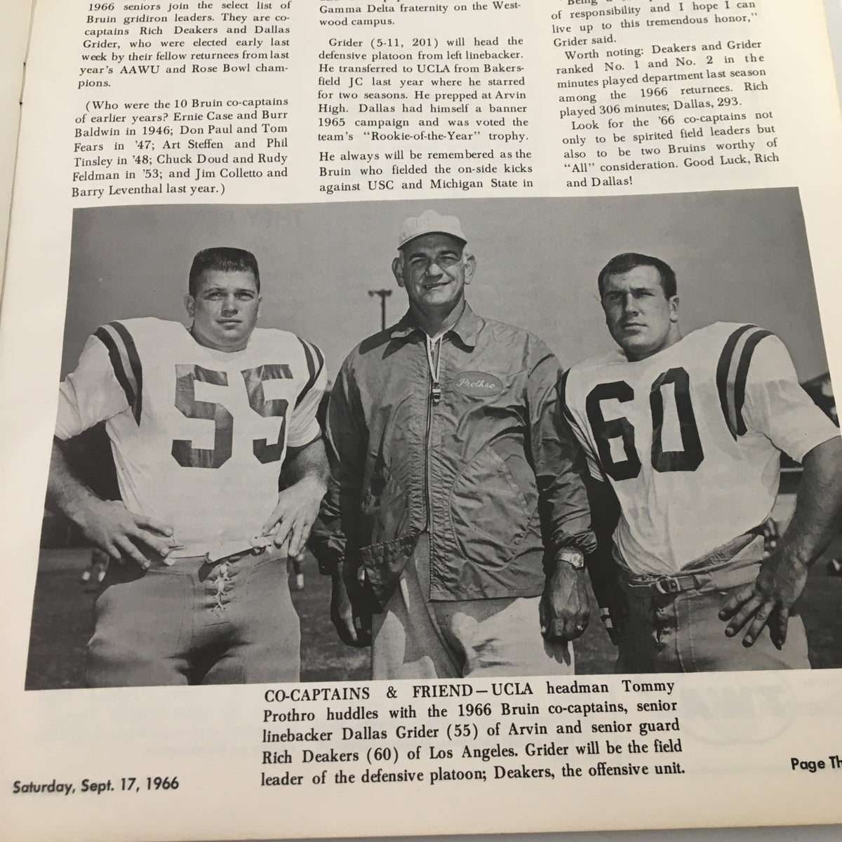 Co-captains of UCLA football team, Tommy Prothro with players Dallas Grider and Rich Deakers, featured in the September 17 1966 NCAA Football Pittsburgh vs UCLA The Goal Post Program.