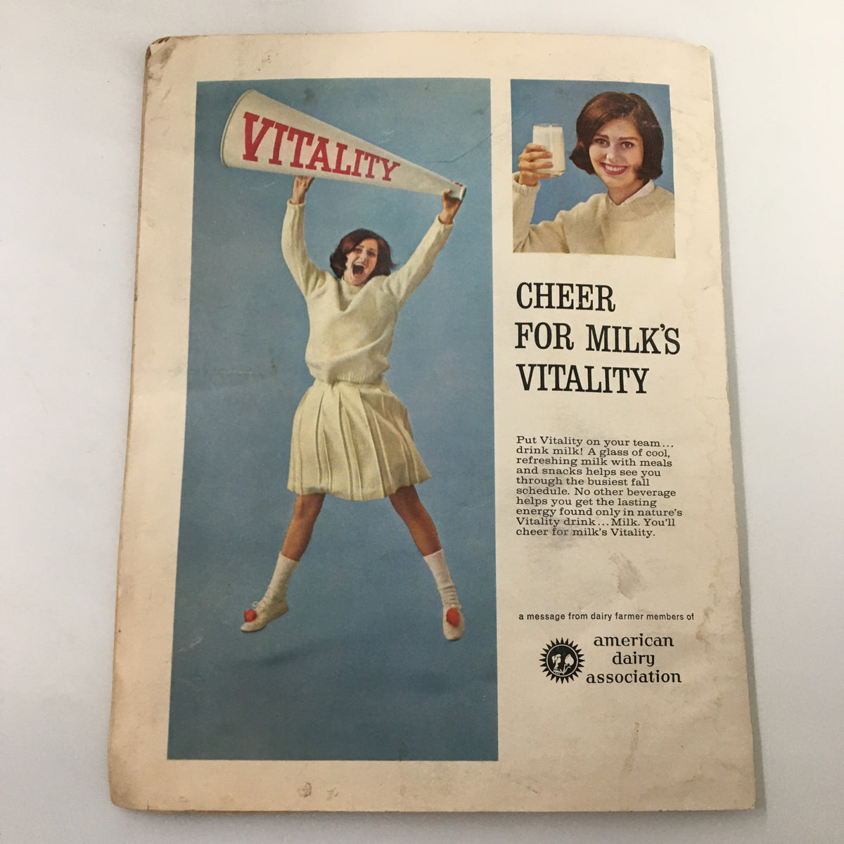 Vintage advertisement for American Dairy Association promoting milk's vitality, illustrated on the back cover of the September 17 1966 NCAA Football Pittsburgh vs UCLA The Goal Post Program.