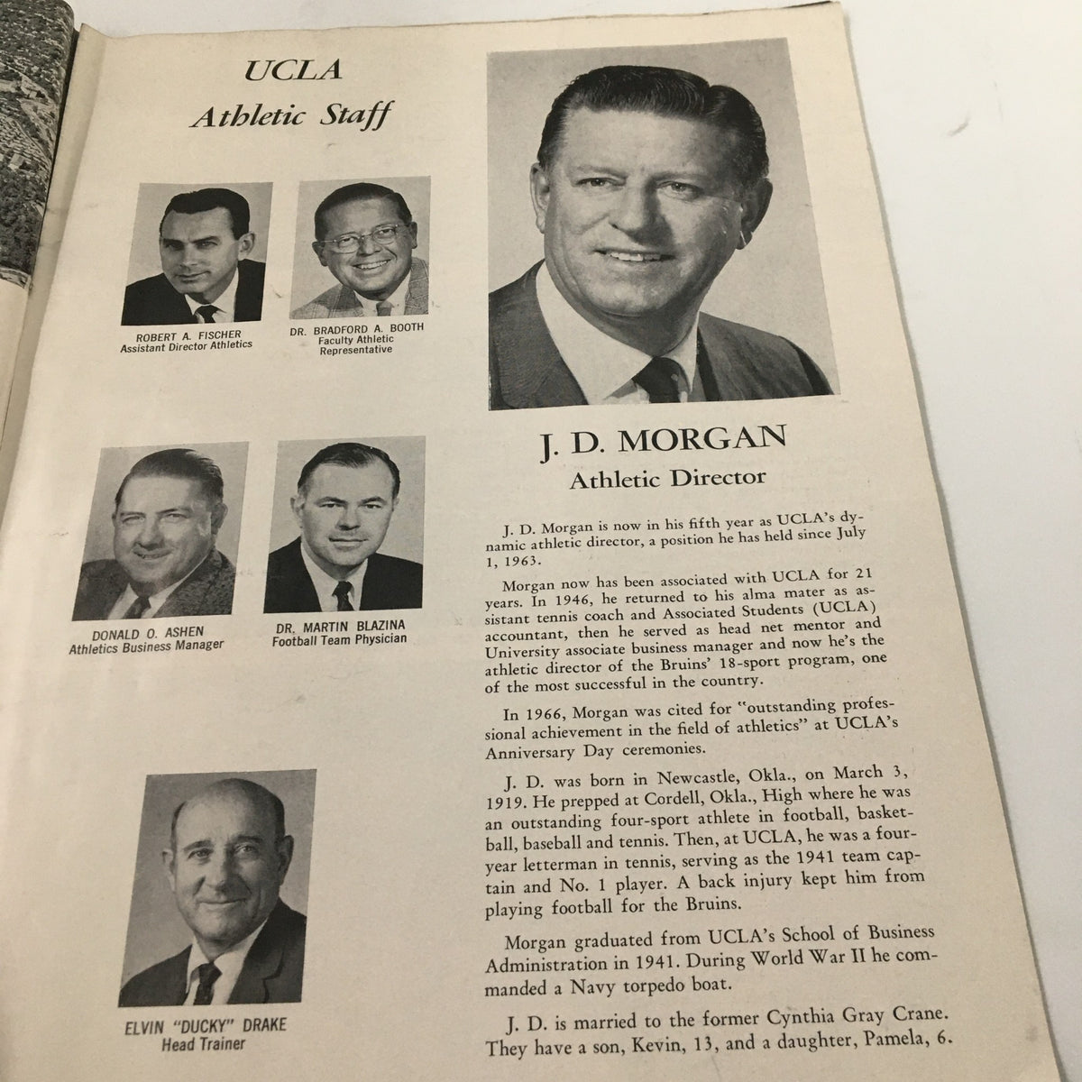 Inside page of the October 21, 1967 NCAA Football program with a biography of J.D. Morgan, UCLA Athletic Director.