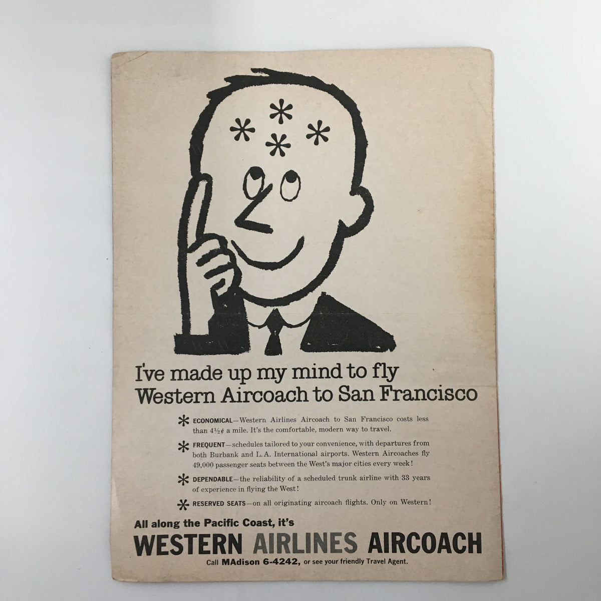 Vintage advertisement for Western Airlines Aircoach to San Francisco, featured in the February 6, 1959 NCAA Basketball Official Program, showcasing travel options with a playful illustration.
