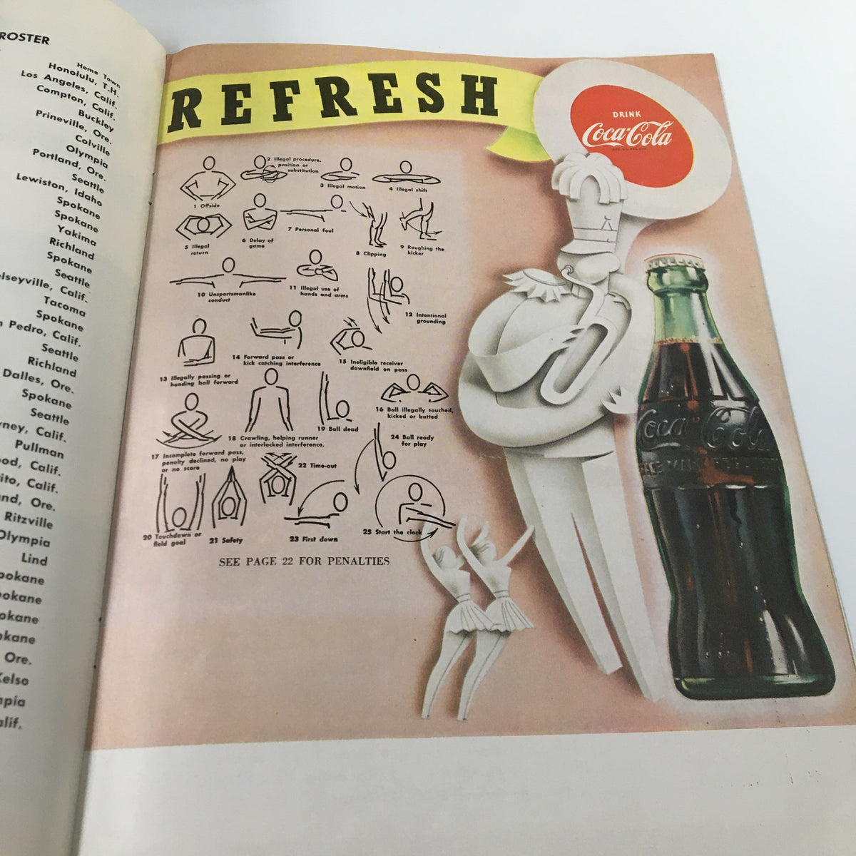 Refresh Coca-Cola advertisement from the September 14, 1956 UCLA Bruins The Goal Post Official Program featuring illustrations of penalties for football.